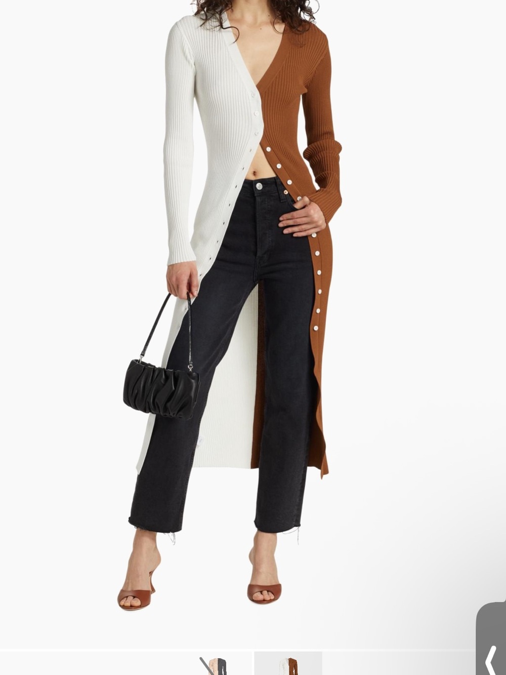 STAUD Shoko Two-Tone Brown & White Ribbed Snap-Front Long Cardigan